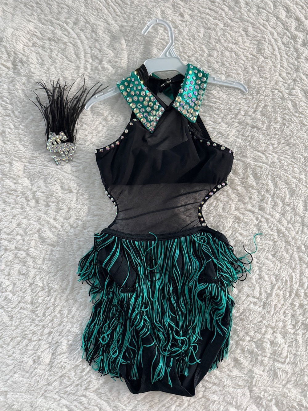 Weissman Black & Teal Fringe Dance Costume with Rhinestone Collar